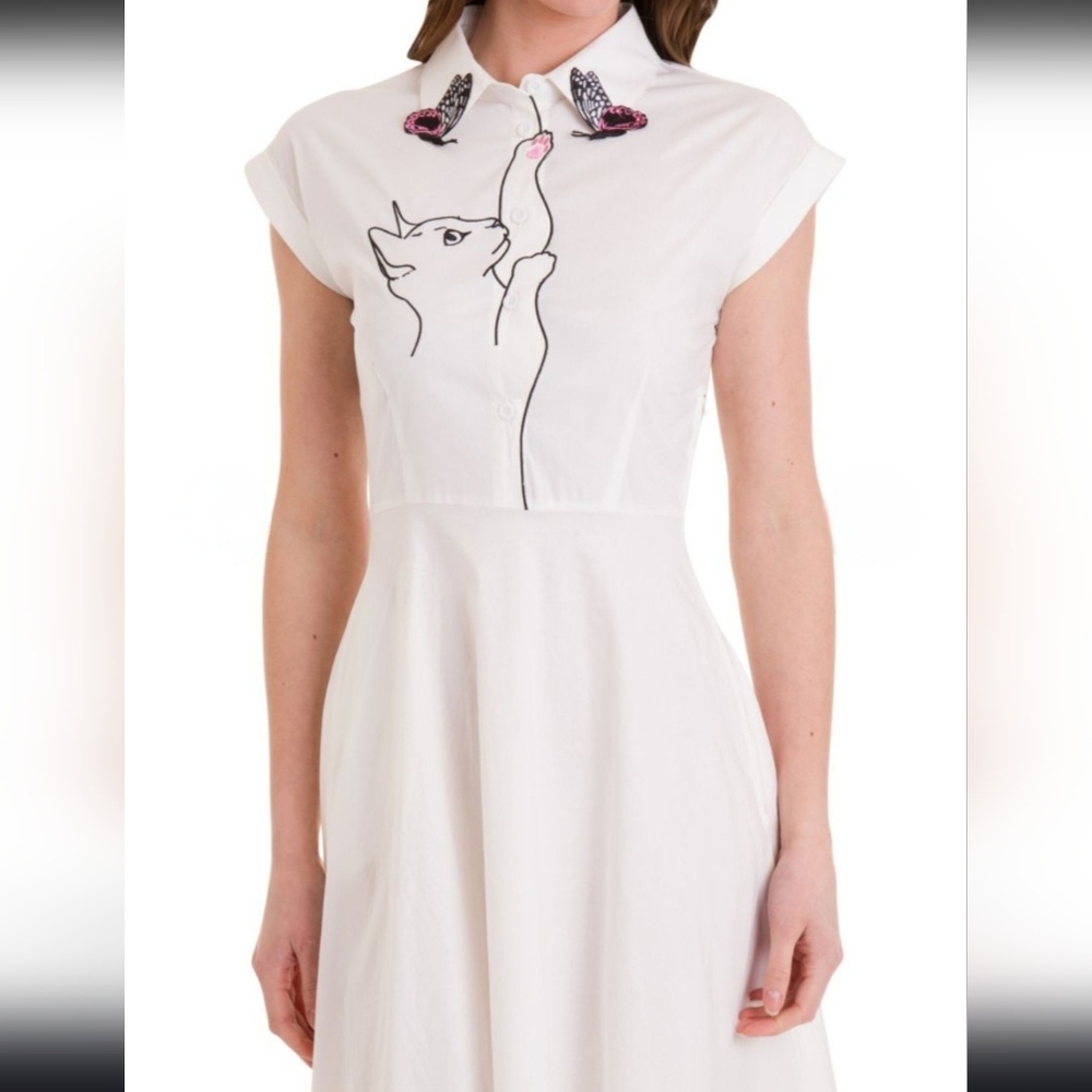 Banned Retro White Meow Cat and Butterfly Dress